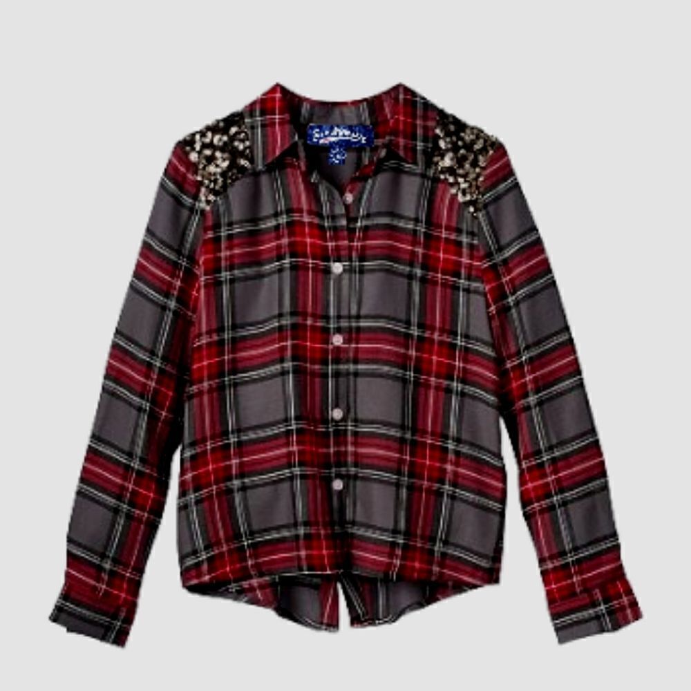 Freshman 1996 Plaid Button-Up Blouse W/ Sequin Bling Shoulders